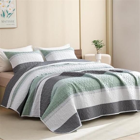 California King Quilt Set Sage Green - Cal King Oversized Stripe Comforter - Picture 16 of 16